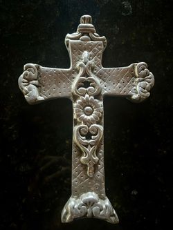 Handmade Ornate Embossed Cross Crucifix Wall Hanging Aluminum 10.25" x