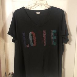 Women’s Size 26 / 28 Tunic Length Top Color Black Says love In Sequence.  Brand New Never Wore.  Brand Avenue .  Has been hanging in the closet. 