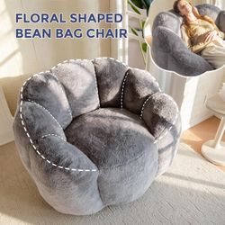 Large Floral Shape Faux Fur Bean Bag Chair, Dark Grey 