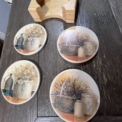 Arnie Fisk (Painter/Designer) Coasters Set With Wooden Holder (Plataeu De Service En Bois And Chamomile Morning Prints)