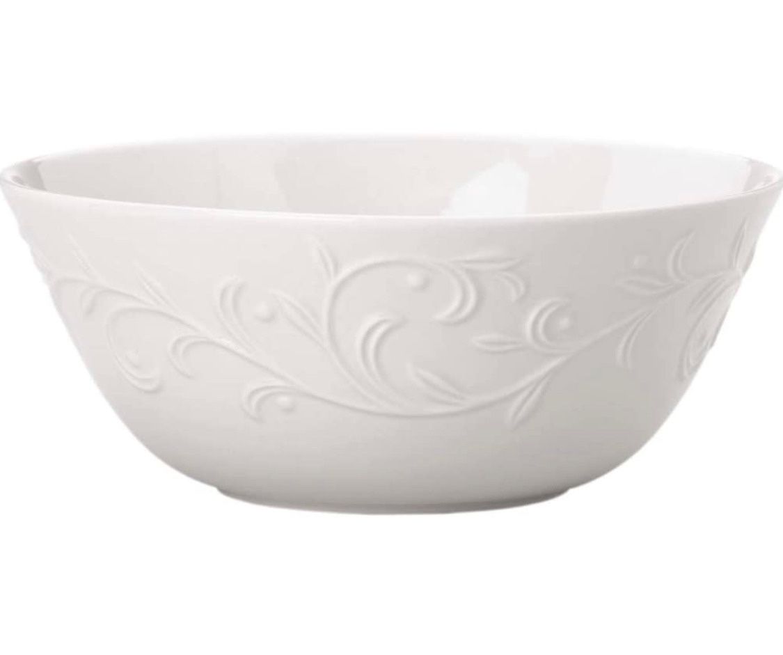 {NINE} All purpose bowls Lenox opal innocence carve. Color: white. Microwave/dishwasher safe. MSRP: $170. Our price: $85 + Sales tax