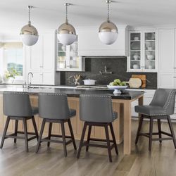 26 Inch Bar Stools Set of 4, Dark Gray Swivel Counter Stools with Back, Faux Leather Upholstered Barstools, Solid Wood Legs with Footrest, Modern Bar 