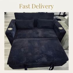 Modern Luxury Black Corduroy Sleeper Sofa with Cup Holders & USB Port