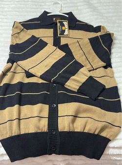 Black and Tan Striped Knit Button-Up Sweater