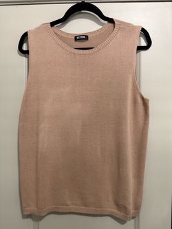 Beige Sleeveless Sweater Tops for Women Casual Crew Neck Lightweight Ribbed Tank