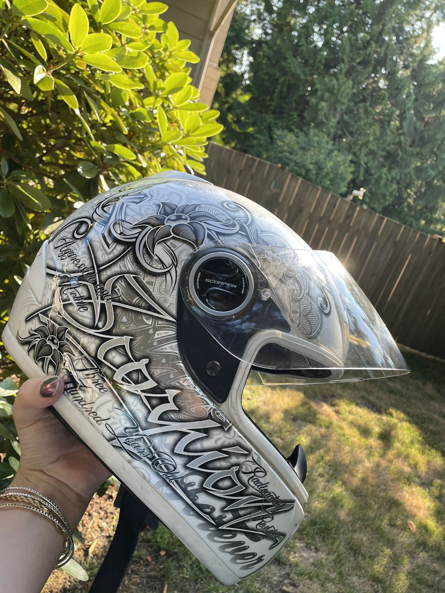 Small Fullface White Scorpion Motorcycle Helmet, Bluetooth Headset Included