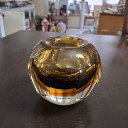 Vintage Murano Style Hand Blown Sommerso Faceted Votive Paperweight Autumn 4" W/Beautiful Ambers & Browns