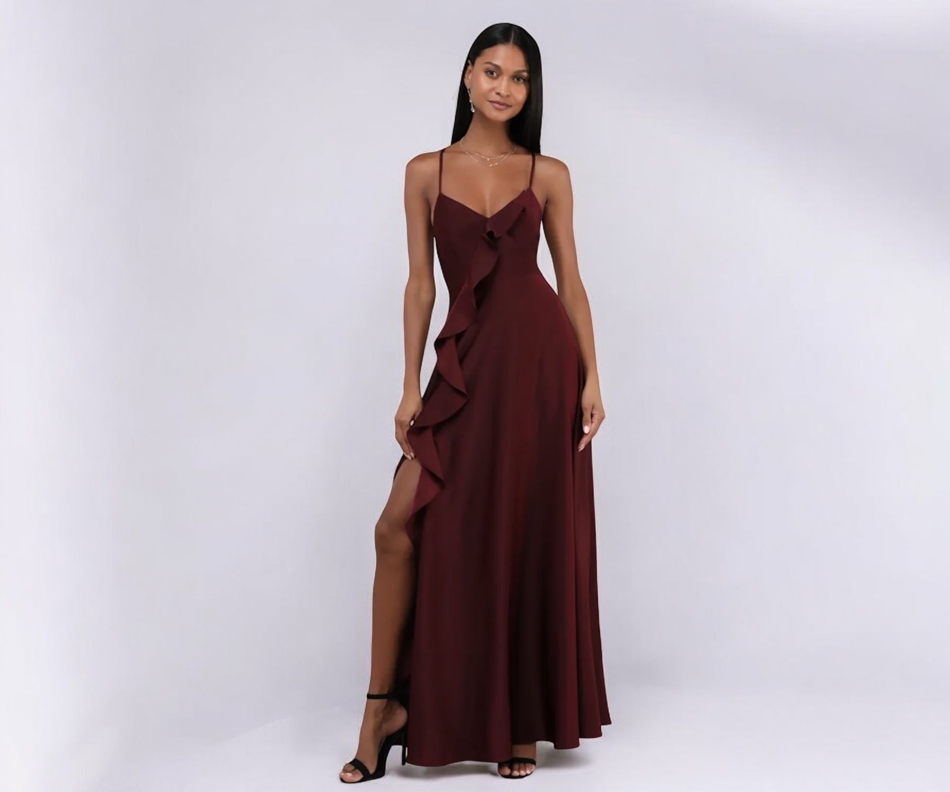 NWOT Lulus Stylish Grace Dark Plum Backless Lace-Up Ruffled Maxi M