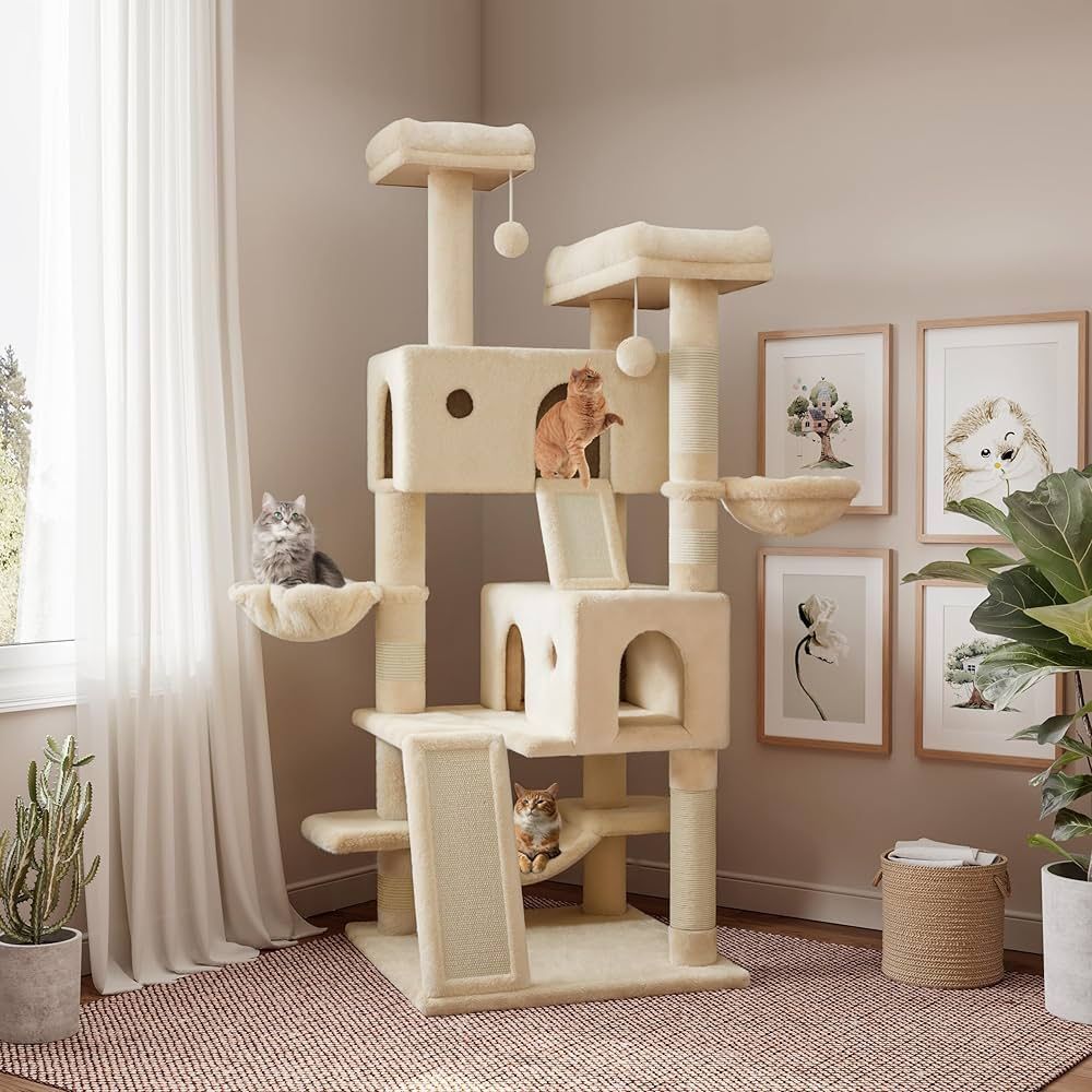 SHA CERLIN 65in Larger Cat Tree Tower Condo for Indoor Kitties/Multi-Level Furniture Activity Center with Wide Base/Cozy Plush Cat Perches/Baskets/Sis
