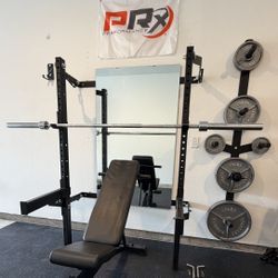 PRX Folding Squat Rack With 45lb Barbell, 260lbs Cast Iron Weights, Adjustable Bench