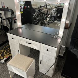 Makeup Vanity with Lights, Farmhouse Vanity Desk with Lighted Mirror, 3 Lighting Modes, Brightness Adjustable, Dressing Table with Drawers, Vanitys Ta