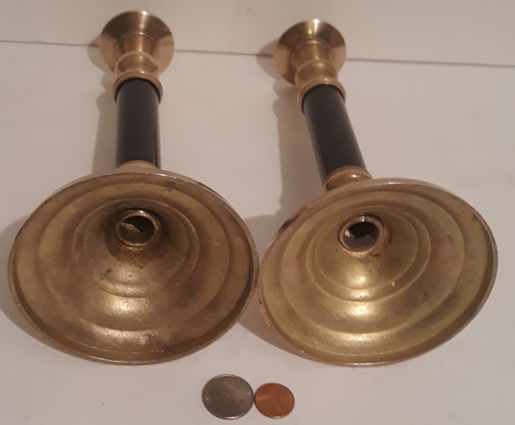 Vintage Metal Brass Set of 2 Candlestick Holders, 10" Tall and 4 1/2" Base Size, Table Display, Home Decor, Shelf Display, Quality Brass Candle Stick
