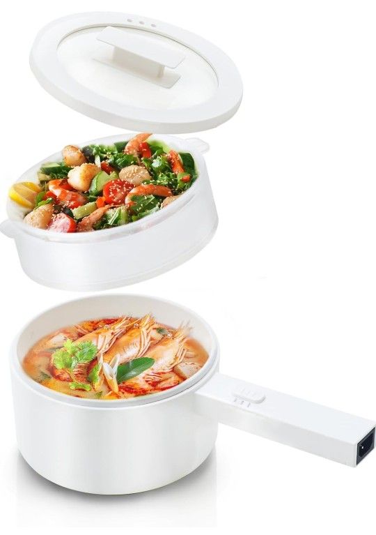 Hot Pot Electric with Steamer, 1.5L Ceramic Glaze Non-stick Portable Electric Pot, Dual Power Multi-functional Electric Cooker, Suitable for Steak, Pa