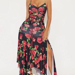 Fashion Nova Black Rose Print Lace-Up Maxi Dress Size: XS
