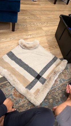 Plaid Poncho with Faux Fur Trim