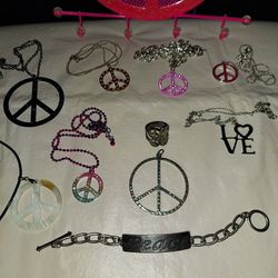 PEACE Sign Necklaces, Necklace Holder, Bracelet, and Ring

