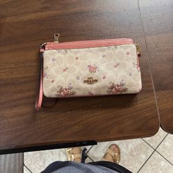 Coach Pink Floral Wristlet Wallet with Zipper, Wrist Strap, Logo