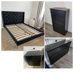 New Queen Platform Bed. Dresser. Chest. 1 Nightstand. 4 Pieces. Set Also Sold Separately 