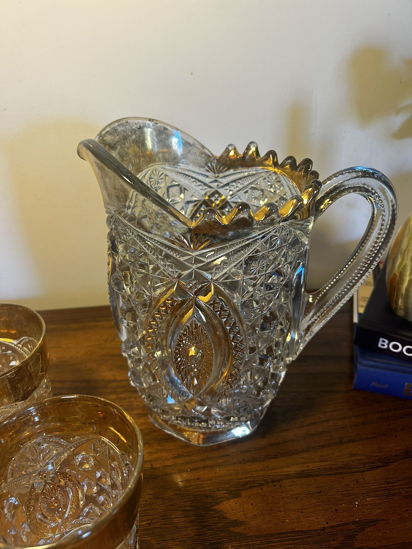 Antique Pressed Glass Pitcher and tumbler set with gold trim