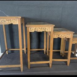 Chinese Asian Design Solid Wood Heavily Carved Nesting Tables 4pc Light Finish With Glass Top