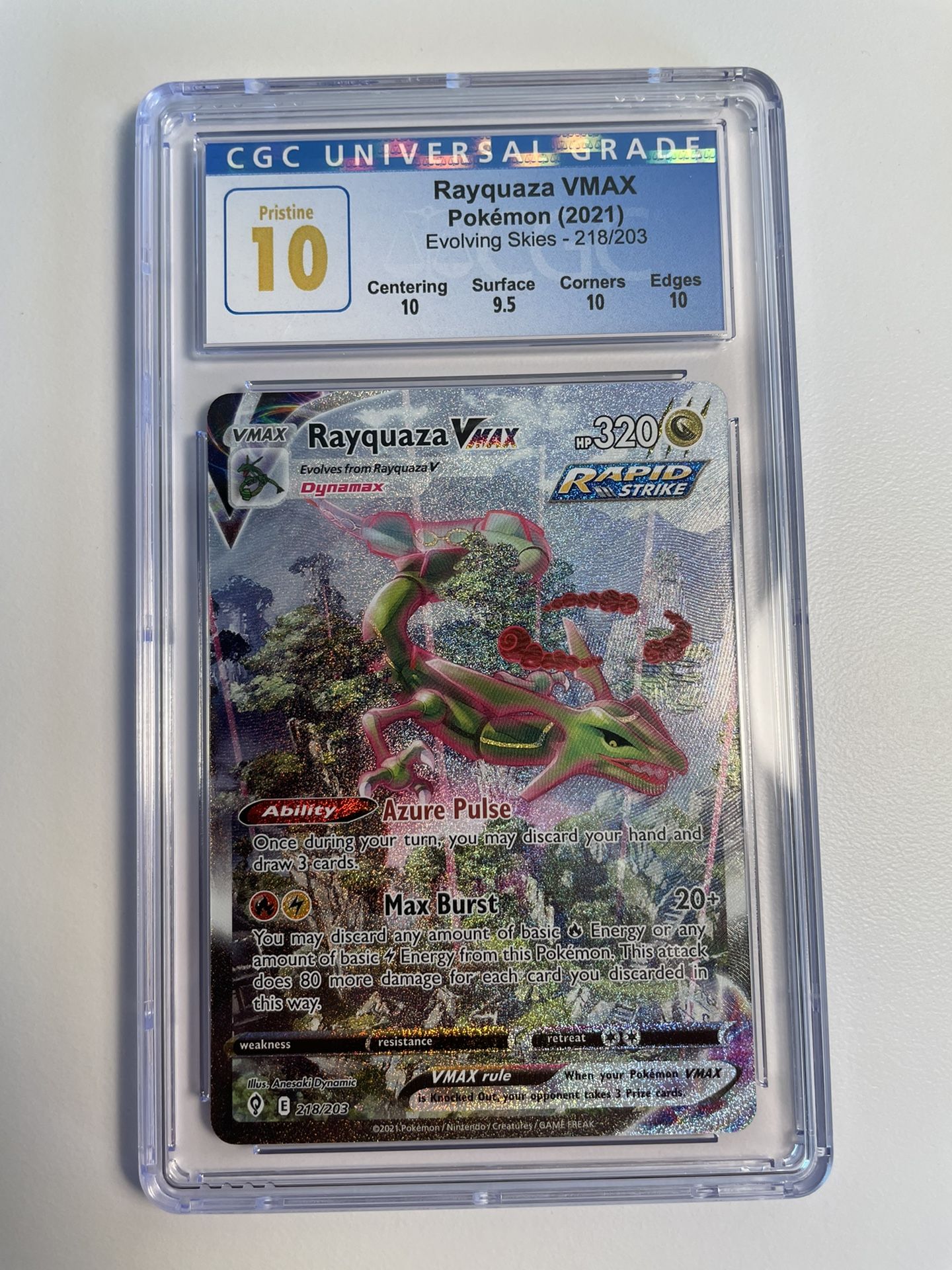 Rayquaza Vmax Alt Art CGC 10 Pristine Evolving skies 218/203 for Sale in  Poway, CA - OfferUp
