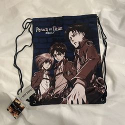 Hot Topic Attack on Titan Blue Drawstring Anime Manga Bag w/ Armin, Erin, Levi