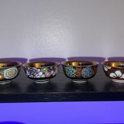 6 Vintage Japanese Sake Cups, Hand Painted, Gold Interior