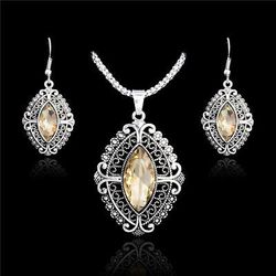Silver Plated Jewelry Set Crystal Rhinestone Necklace Pendant Earrings