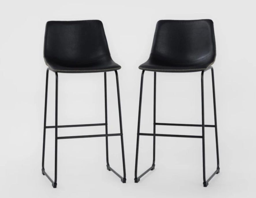 Cobbler Black 30" Faux Leather Bucket Seat With Baseball Stitch Barstool With Back Set Of 2