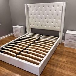 WHITE LEATHER BED w/ DIAMONDS - TALL HEADBOARD 💎 🤍