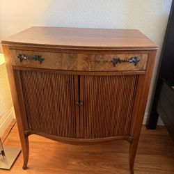 Vintage Wood Nightstand Cabinet w/ Tambour Doors – Solid Wood Storage Table