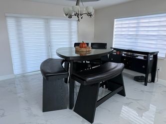 Black Dining Table Set with Benches and Chairs