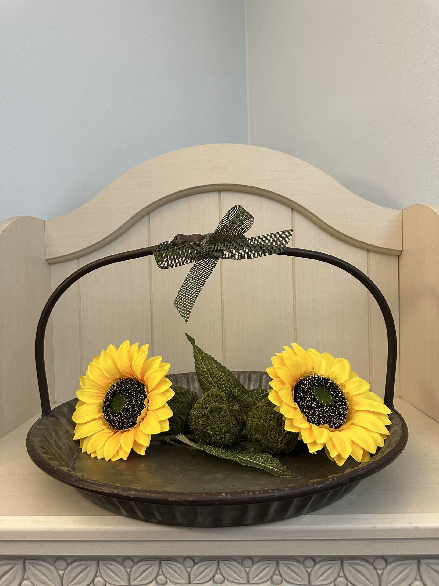 Metal Tray/Basket With Faux Sunflowers 🌻 and Moss Balls
