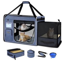  Petskd Side Expandable Extra Large Cat Carrier with Litter Box Area for Long Distance Car Travel,24"x17"x17" Collapsible Soft-Sided Large Pet Carrier