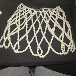 VTG Faux Pearl Beaded Ceremonial Formal Collar Bib Necklace Bridal Lace Wedding