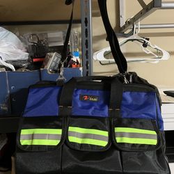 Blue Reflective Tool Bags For Men 16 Inch Wide Mouth 18 Tool Pockets