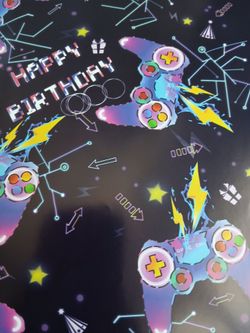 Gaming Happy Birthday Greeting Card , Wrapping Paper Sheets, and 10 Gaming Danglers