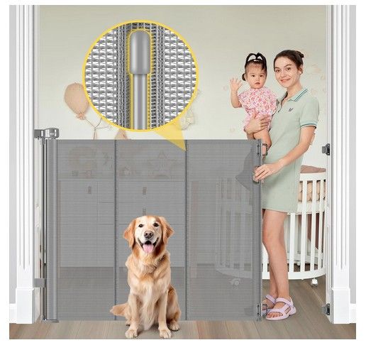 Retractable Baby Or Pet Gate 42" Tall 60" Wide Grey Perfect For Doorways, Stairs, Bedrooms Toddlers Cats Dogs