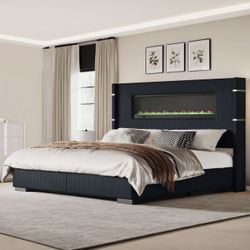 Modern Upholstered Bed Frame w/ LED Fireplace – NEW (Queen)
