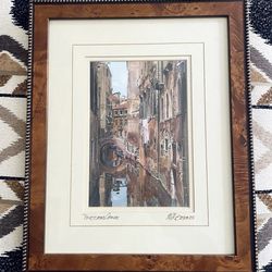 Martin Roberts Textured Canal Painted Photograph Artwork in Burled Wood Frame