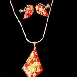 Mid-Century Resin Geometric Necklace... Red + with Gold flakes