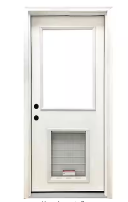 Clear Half Lite RHIS White Primed Fiberglass Prehung Back Door with Extra Large Pet Door