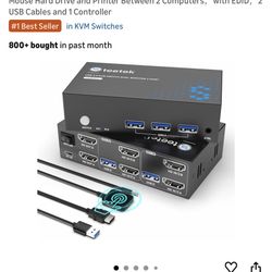 Hdmi KVM Switch 2 Monitors 2 Computers, 3 USB 3.0 Ports,4k@60Hz Kvm Switches Sharing of Dual Monitors Keyboard Mouse Hard Drive and Printer Between 2 