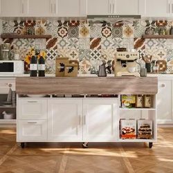 FUFU&GAGA White MDF Base with MDF Rolling Kitchen Island ( 31.7-in x 70.9-in x 31.6-in )（KF460070US-01AA-001)