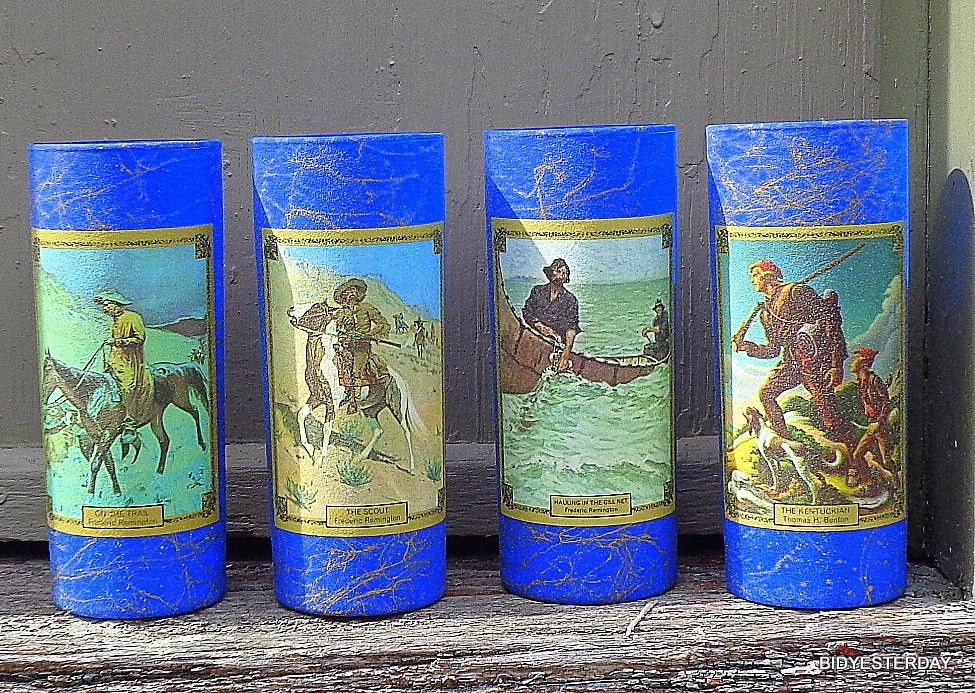 Jim beam REMINGTON cowboy western cobalt blue glass tumblers x 4 !