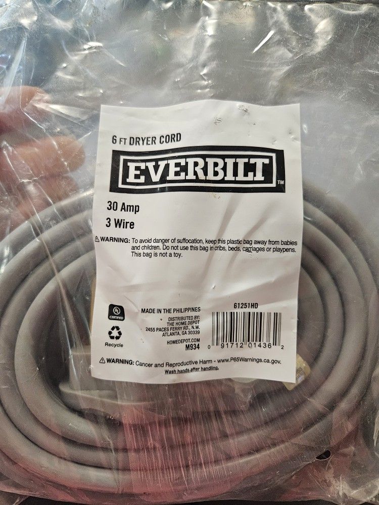Everbilt  6ft Dryer Cord 30 Amp 3 Wire Best Offer 