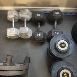 Pairs of 95,85,80 dumbbells weights 530lbs total prices are in description