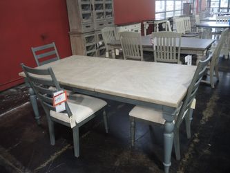 Legacy Classic Rectangle Dining Table - Denim Base, Stone Top - Floor Sample Clearance