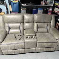 Genuine Leather Beige Reclining Loveseat With USB, Cup holder and Remote Control Storage 