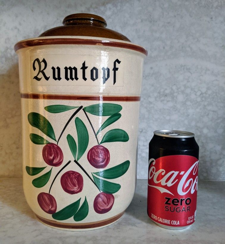 Rumtopf Lidded Crock, Vintage 11-in High Ceramic, Cherry Motif. Yum Rum!